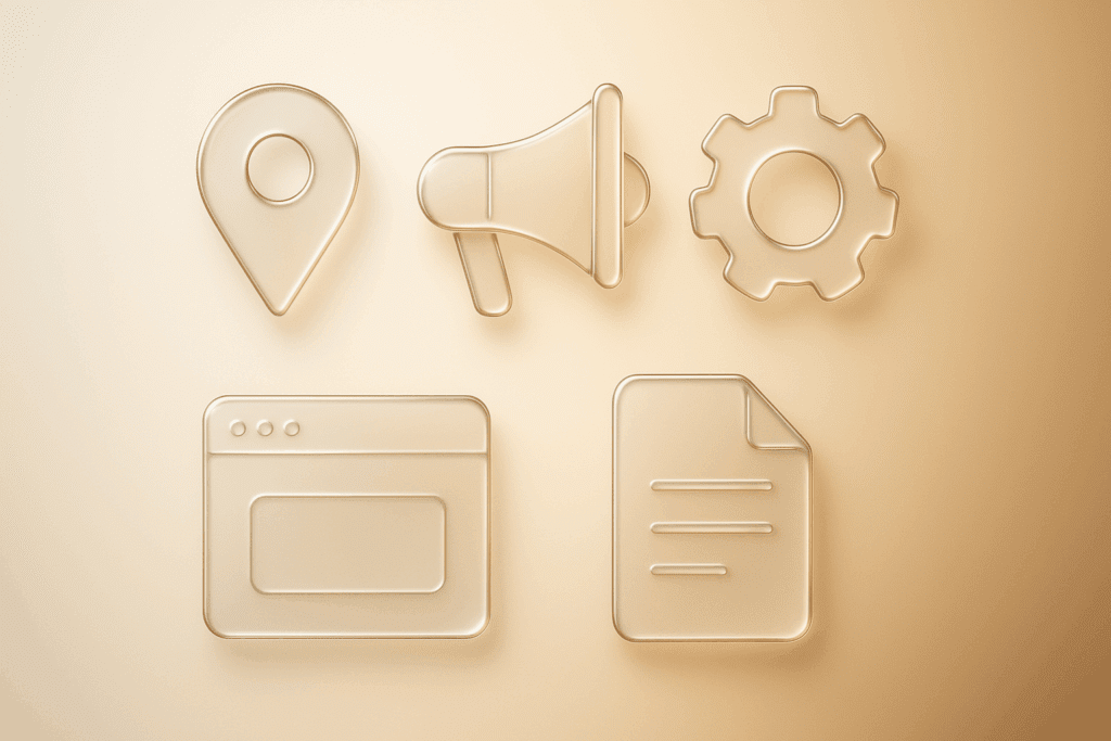 Five frosted glass marketing icons — location pin, megaphone, gear, website screen, and document — in Apple Glass style, representing high-ROI marketing tactics for service-based businesses.