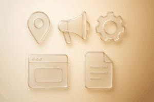 Five frosted glass marketing icons — location pin, megaphone, gear, website screen, and document — in Apple Glass style, representing high-ROI marketing tactics for service-based businesses.