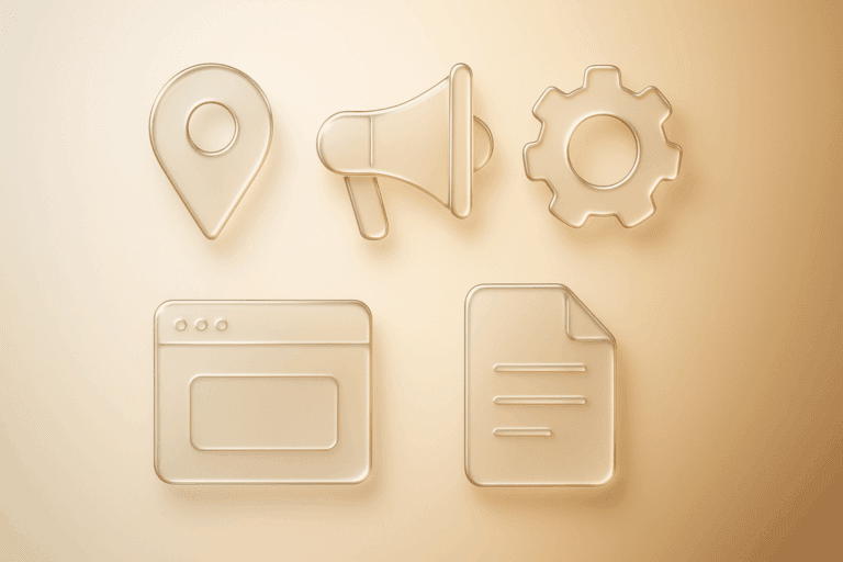 Five frosted glass marketing icons — location pin, megaphone, gear, website screen, and document — in Apple Glass style, representing high-ROI marketing tactics for service-based businesses.