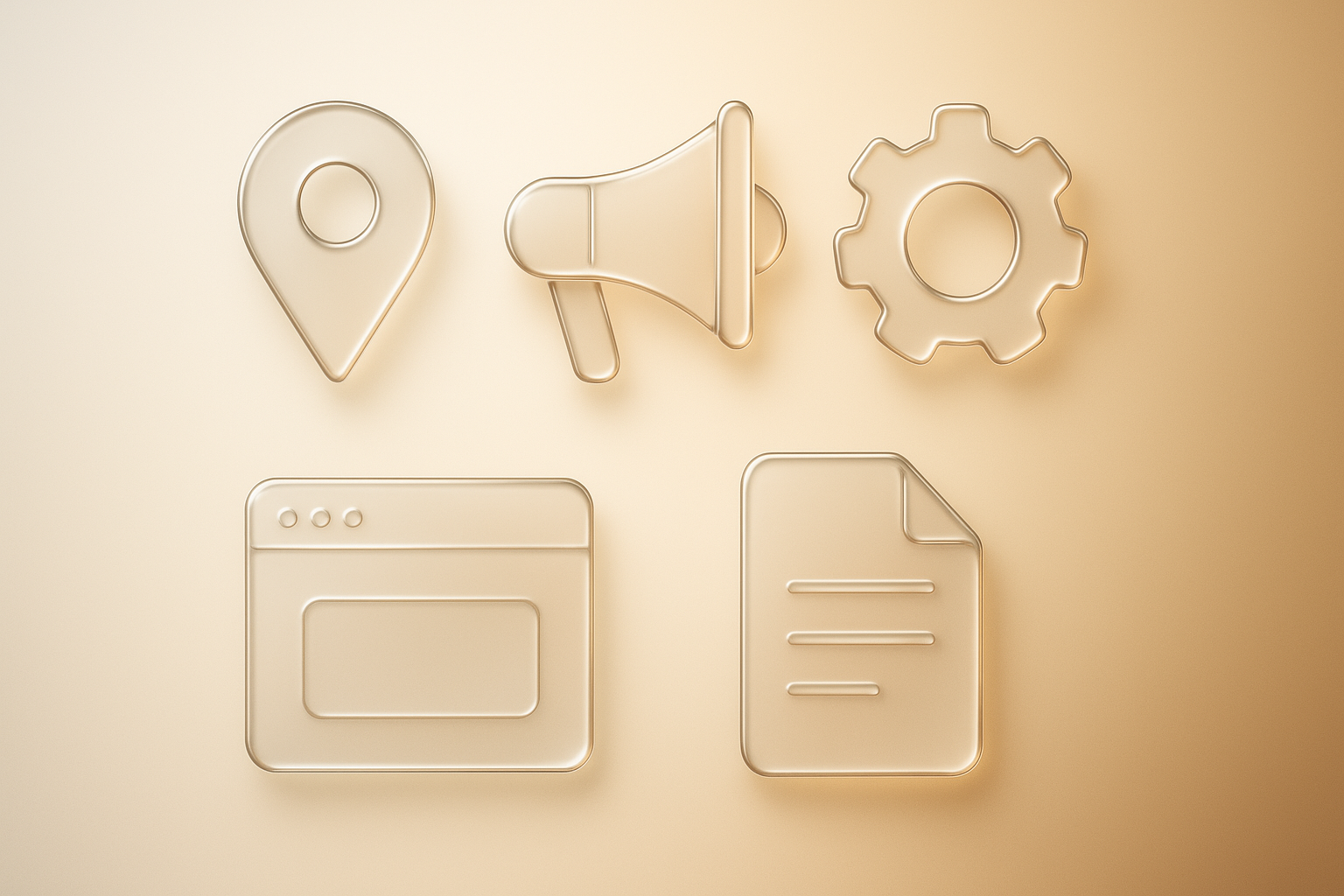 Five frosted glass marketing icons — location pin, megaphone, gear, website screen, and document — in Apple Glass style, representing high-ROI marketing tactics for service-based businesses.