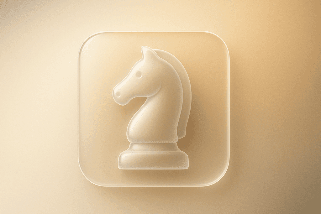 Frosted glass chess knight icon in ultra-premium Apple Glass style with realistic light refraction and gradient background, representing marketing strategy and insights for service-based businesses.