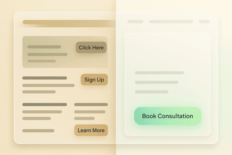 Split-screen mockup comparing cluttered website with weak CTAs versus a minimalist frosted-glass website featuring a glowing green Book Consultation button.