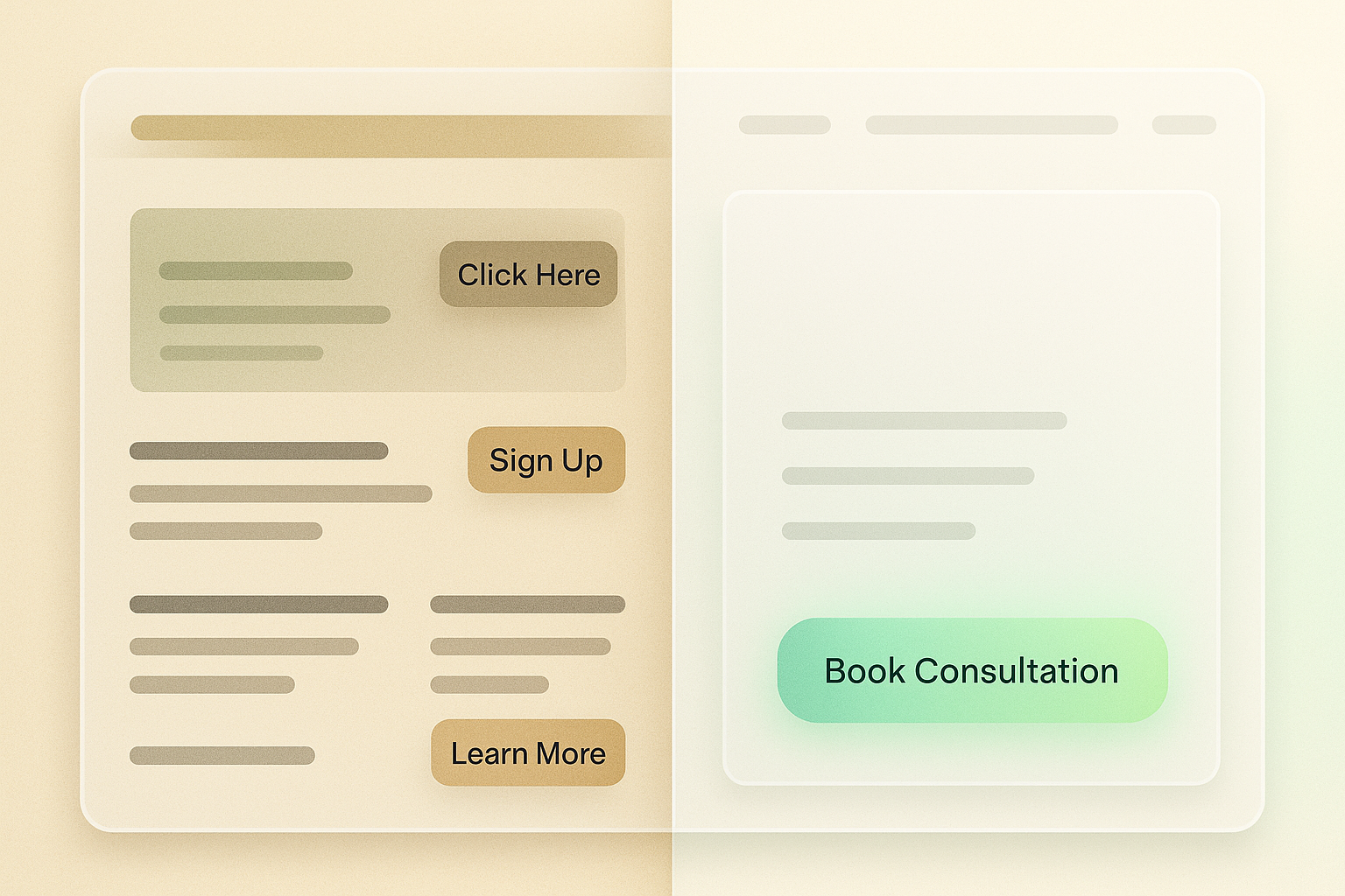Split-screen mockup comparing cluttered website with weak CTAs versus a minimalist frosted-glass website featuring a glowing green Book Consultation button.